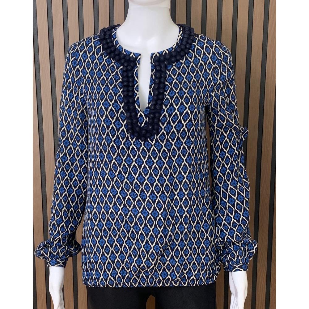 Tory Burch Women's‎ Silk Geometric Floral Pom Pom Trim Tunic Top 0 Resort Wear
